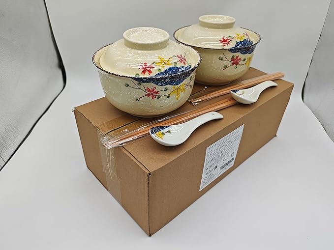 Ceramic Ramen Bowl Set, 800ml, with Lid, Spoon and Chopsticks, Japanese Vintage Large Soup Bowls Instant Noodle Bowl Asian Tableware (Color*2)