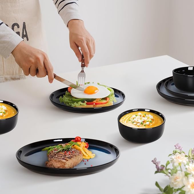 Romswi 16Pcs Dinnerware Set for 4, Stoneware Plates and Bowls Sets with Mugs, Chip & Scratch Resistant Dish Set, Handmade Reactive Glaze, Oven, Microwave and Dishwasher Safe, Dreamy Moonlight-Blue