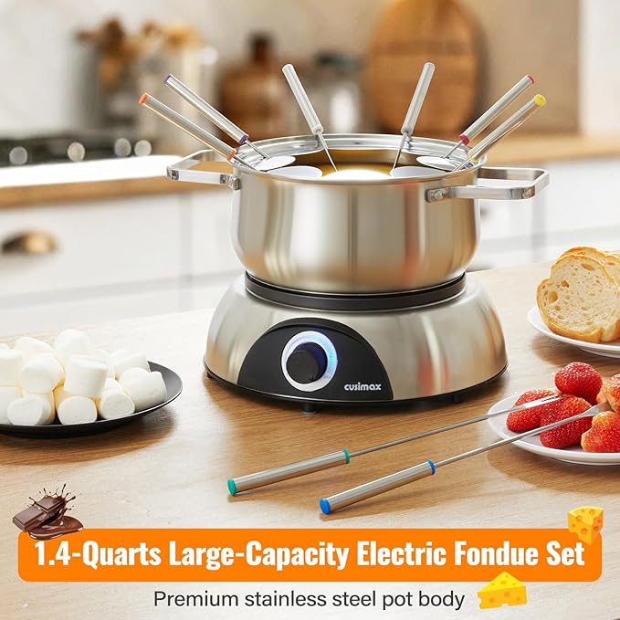 CUSIMAX Electric Fondue Set, 1500W Electric Fondue Pot with Luminated Control Dial, 8 Colour Coded Stainless Steel Forks, For Chocolate, Cheese, Broth, Oil, Stainless Steel Fondue Maker, 1.4 Quart