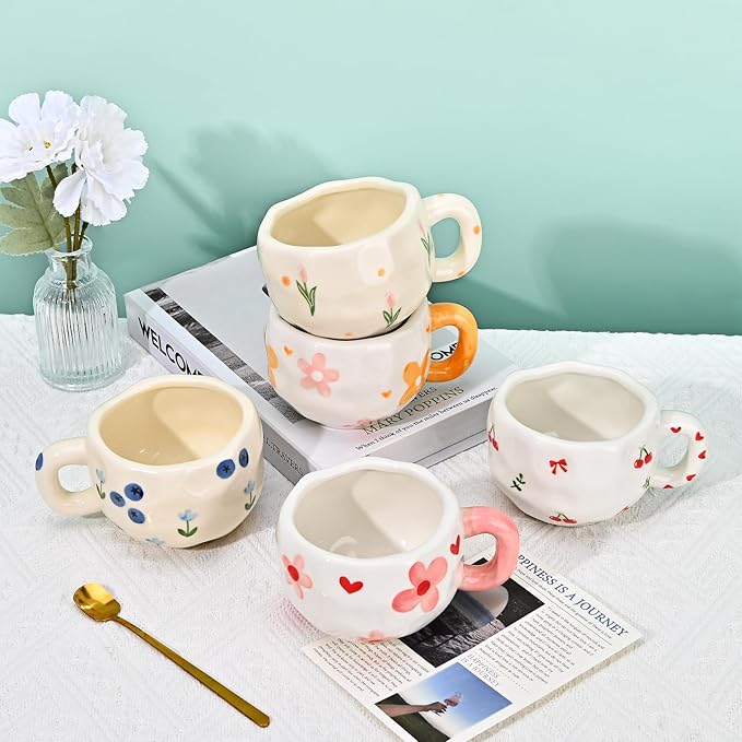 Koythin Ceramic Coffee Mug with Saucer Set, Cute Creative Orange Flower Cup Unique Irregular Design for Office and Home, 10 oz/300 ml for Latte Tea Milk