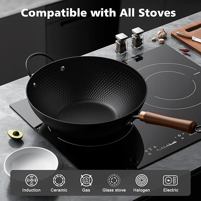 Nonstick Wok, 13-Inch Carbon Steel Wok Pan with Glass Cover, Woks & Stir-Fry Pans for Induction, Electric, Gas, Halogen, All Stoves