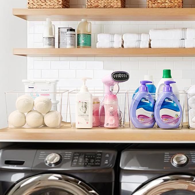 Vtopmart 4 Pack Extra Large Clear Plastic Storage Bins,11x11 Cube Acrylic Organizer Square Containers with Handle for Pantry,Closet,LaundryRoom,Kitchen,Bathroom,UnderSink Organization