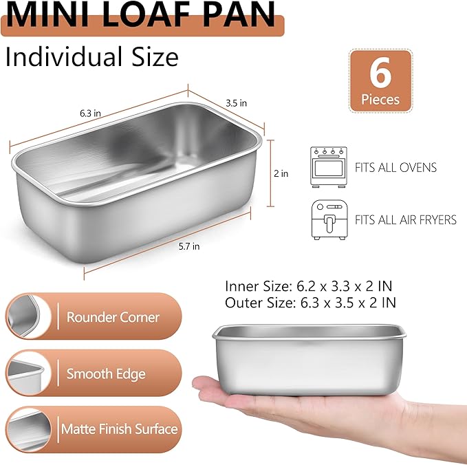 LIANYU 6 Pack Mini Loaf Pan Tins for Baking Bread, 6.3 x 3.5 Inch Stainless Steel Small Bread Loaf Pan for Homemade Meatloaf, Tin Loaf Baking Pan Perfect for Banana Sourdough Sandwich, Dishwasher Safe