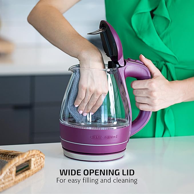 OVENTE Electric Kettle, 1.5L Borosilicate Glass Countertop Water Heater and Boiler for Coffee or Tea, BPA-Free, Auto Shut-Off, Boil-Dry Protection, Removable and Washable Spout Filter, Purple KG83P