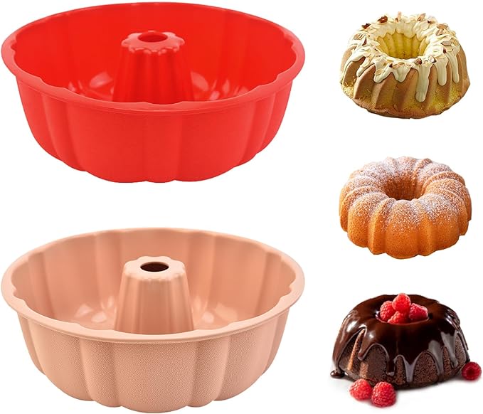 2 Pack Silicone Cake Pan Nonstick,10 Inch, Silicone Cake Molds,Pound Pan, Baking Cake Pan for Jello,Gelatin,Cake,Brownie and Bread (Red+Pink)