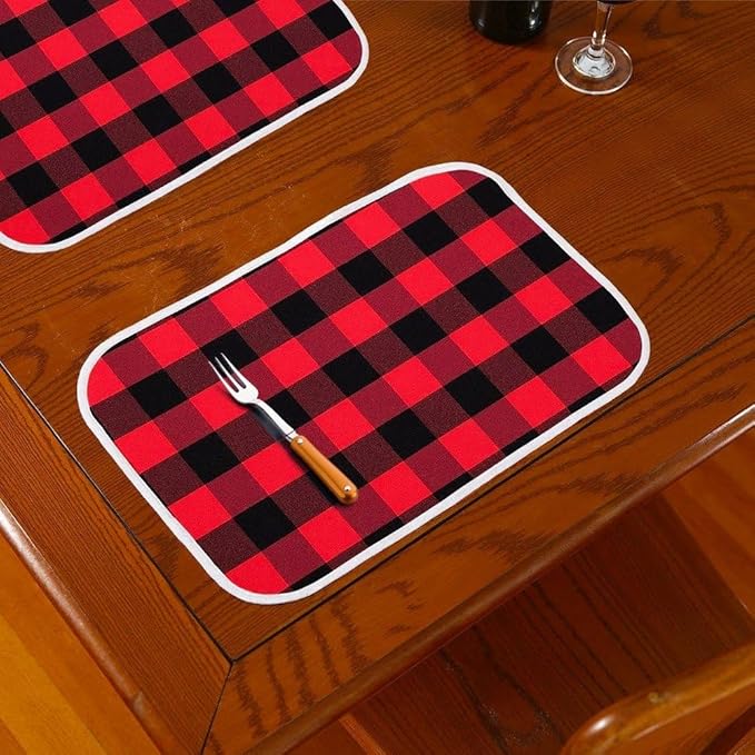 Christmas Placemats 6 Pcs Buffalo Check Placemats Red Black Plaid Reversible Place Mat for Holiday Home Table Christmas Decoration