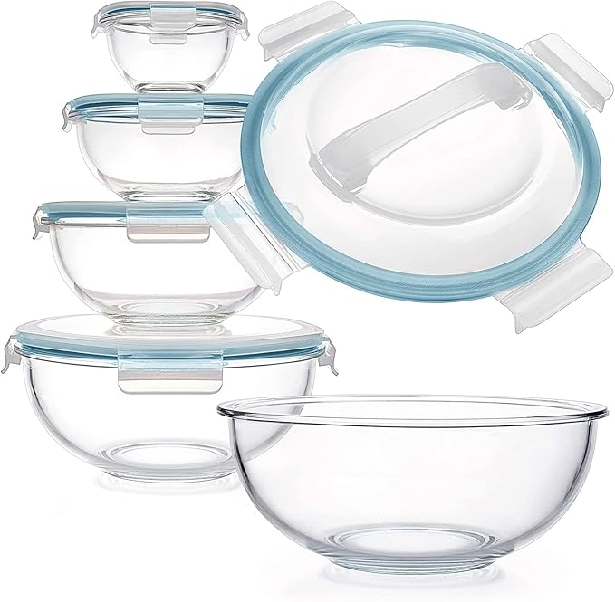 Luvan Glass Mixing Bowl with Lids Set of 5(0.2QT, 0.5QT, 1.1QT, 2.1QT, 3.75 QT), Space-Saving Nesting Bowls Anti-slip Salad Bowls for Storage, Cooking, Microwave,Freezer,Oven and Dishwasher Safe