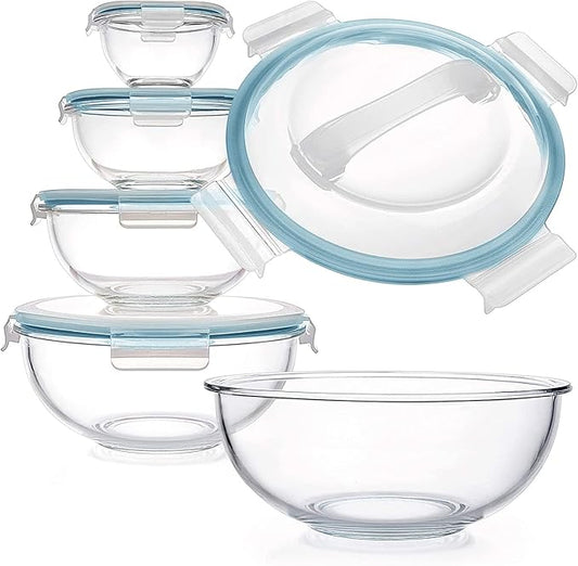 Luvan Glass Mixing Bowl with Lids Set of 5(0.2QT, 0.5QT, 1.1QT, 2.1QT, 3.75 QT), Space-Saving Nesting Bowls Anti-slip Salad Bowls for Storage, Cooking, Microwave,Freezer,Oven and Dishwasher Safe