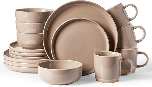 Famiware Milkyway Stoneware Dinnerware Sets with Mugs, Service for 4 (16pcs), Plates and Bowls Sets, Scratch Resistant, Microwave and Dishwasher Safe Dishes Set, Cinnamon Brown