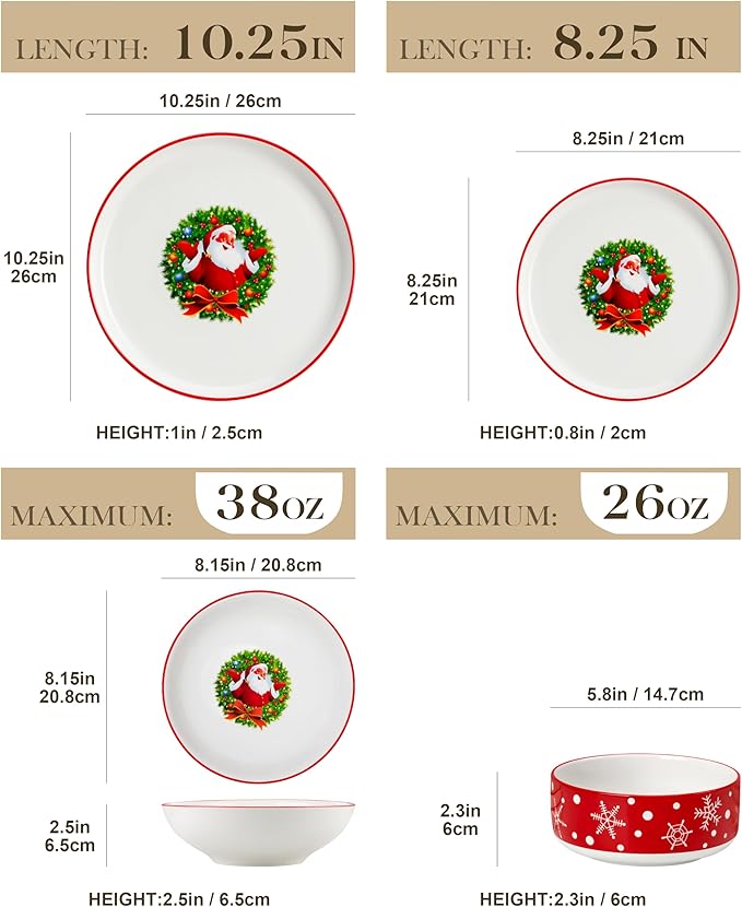 MALACASA Plates and Bowls Sets, 24 Pieces Christmas Porcelain Dinnerware Set for 8, Ceramic Dishware Dishes White Kitchen Dinner Dining Ware Set, Microwave and Dishwasher Safe, Series LUNA-Santa Claus