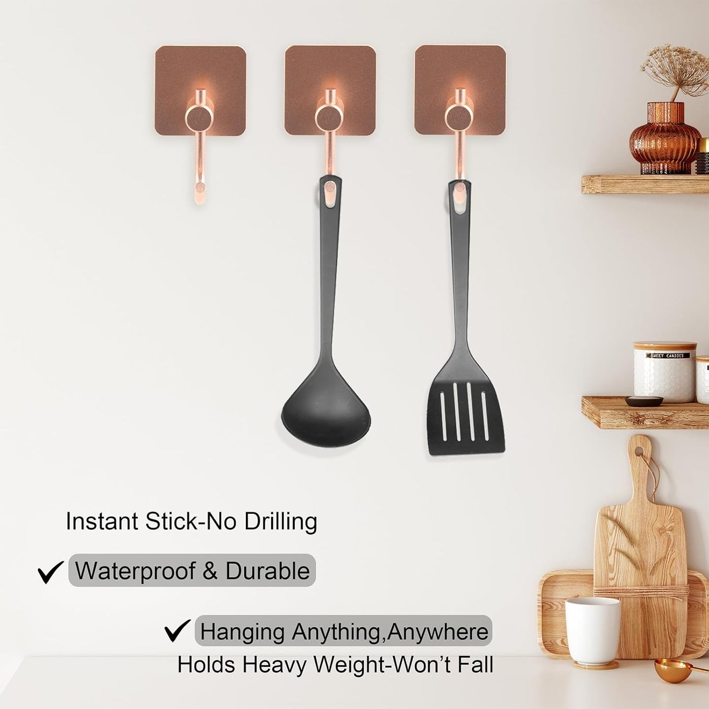 Aluminum Wall Hooks, No Drill Damage-Free Adhesive Hook, Product for Hanging Heavy Duty for Bathroom Kitchen Home (Curved Square Rose Gold Hook, 4)