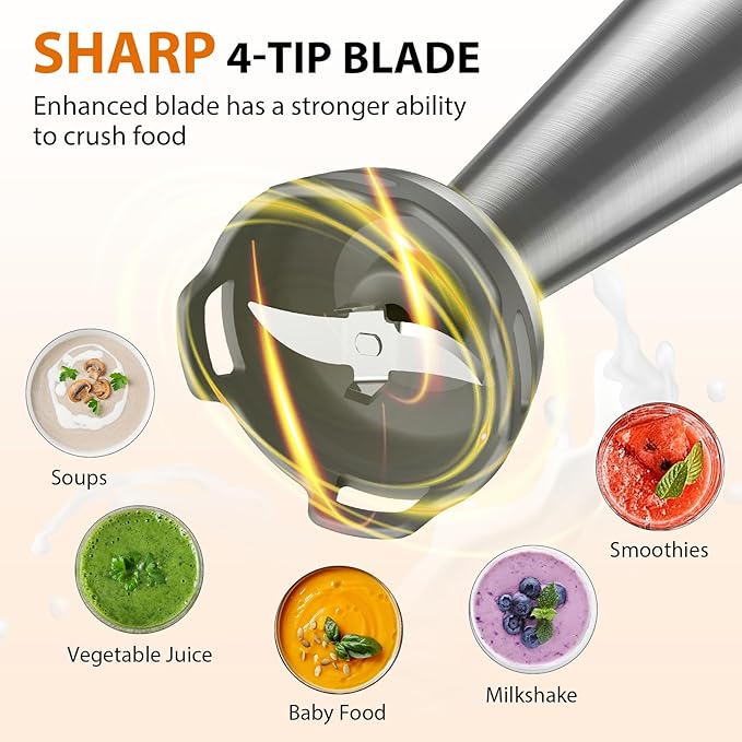 KOIOS Immersion Blender, 1000W Anti-scratch 3-in-1 Hand Blender, Upgraded 12 Speed Stainless Steel Blade Stick Blenders with Turbo Mode, Whisk and Milk Frother, Non-BPA