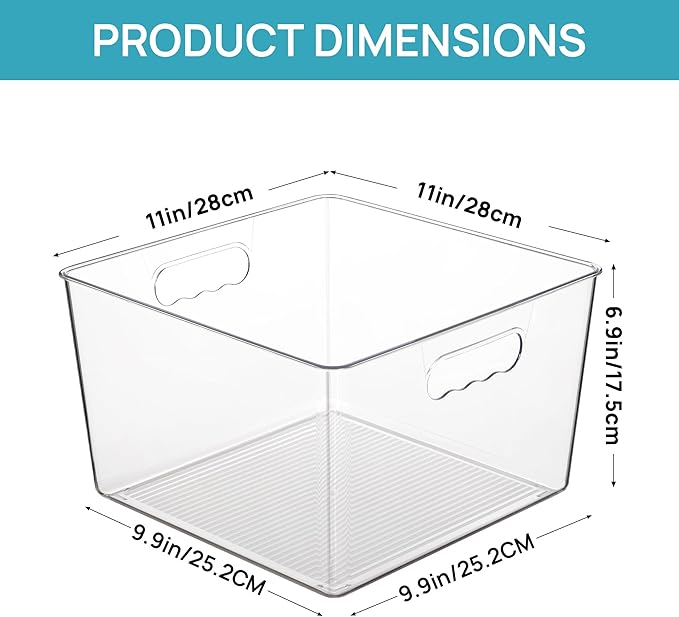 Vtopmart 4 Pack Extra Large Clear Plastic Storage Bins,11x11 Cube Acrylic Organizer Square Containers with Handle for Pantry,Closet,LaundryRoom,Kitchen,Bathroom,UnderSink Organization