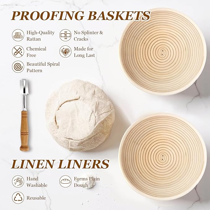 Sourdough Bread Baking Supplies, Sourdough Starter Kit, 2 9 Inch Round Banneton Bread Proofing Basket with 24 Oz Glass Jar, Sour Dough Tools with Danish Dough Whisk & Scraper