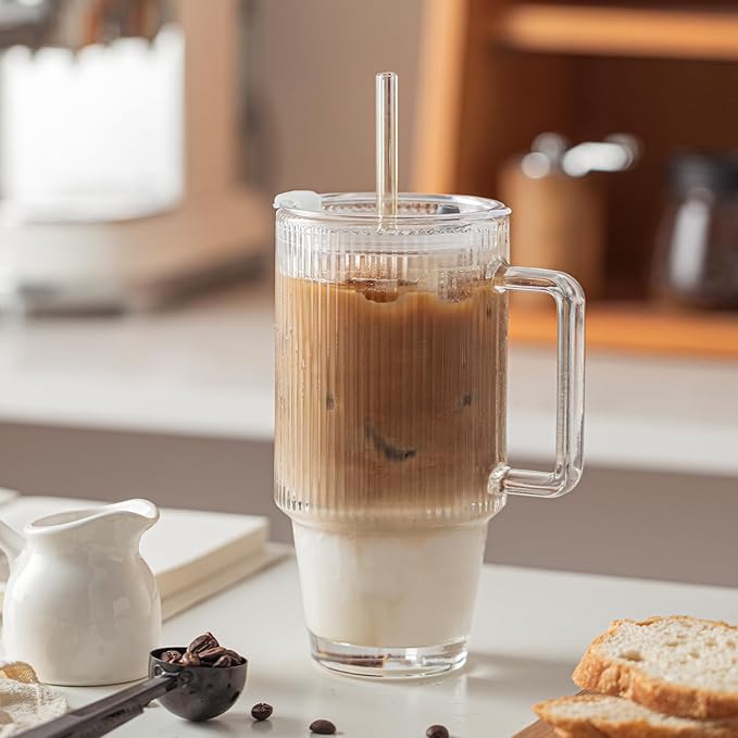 KEMORELA 2-Pack 24 Oz Ribbed Glass Tumblers with Lids and Straws, Handle Iced Coffee Cups, Clear Reusable Drinkware for Smoothies, Cold Beverages - Dishwasher Safe