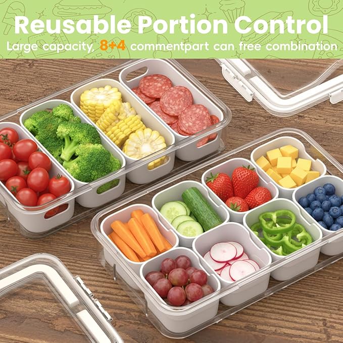Snackle Box Container 12 Compartments, 2pack Box Characuterie Container with Compartments, Large Portable Divided Snack Serving Tray with Lid & Handle, Stackable Food Containers(White)