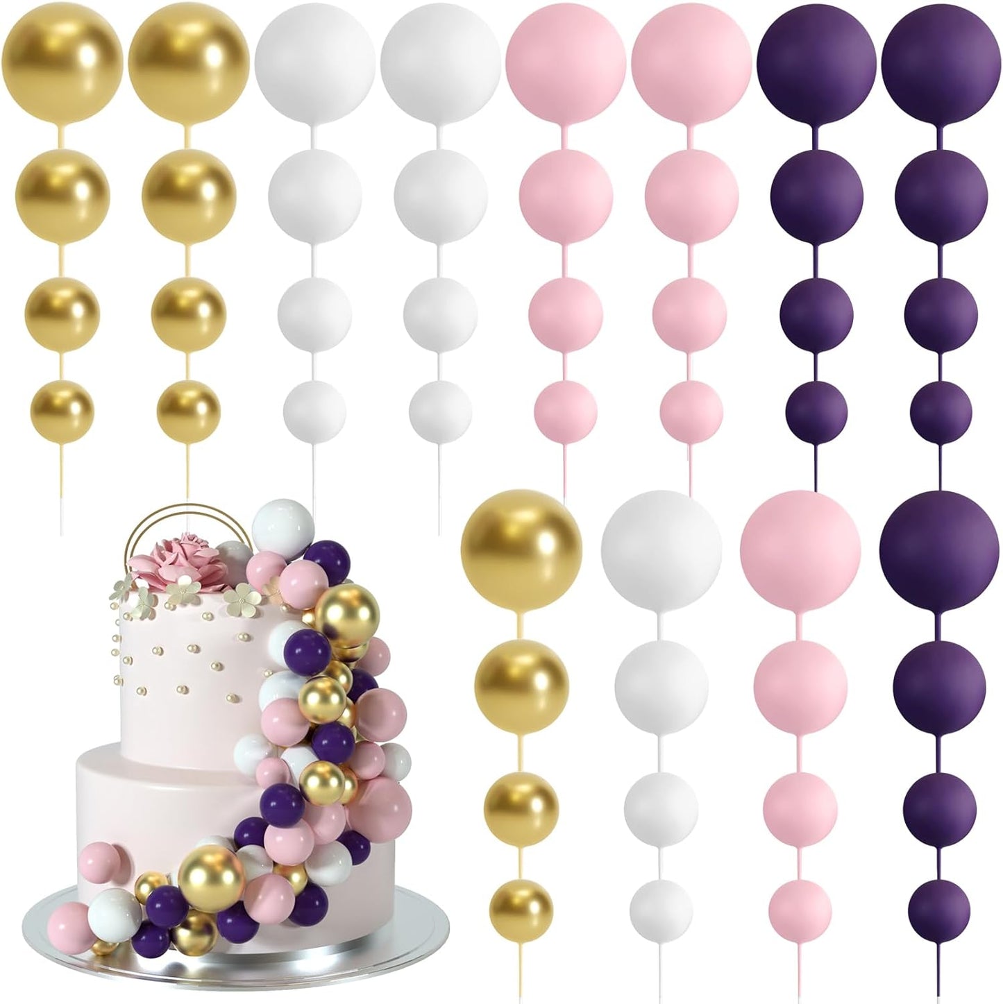 48 Pcs Balls Cake Topper Decorations Balloon Cupcake Toppers Foam Cake Topper Balls Cake Balls Decorations for Birthday Party Wedding Anniversary Cake Decorating (Pink, Purple, White, Gold)