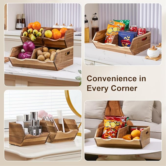 Acacia Wood Pantry Storage Bins, Stackable Storage Baskets Potato and Onion Storage Bins, Pantry Organizer Wooden Baskets Organization and Storage, Set 3 Pieces