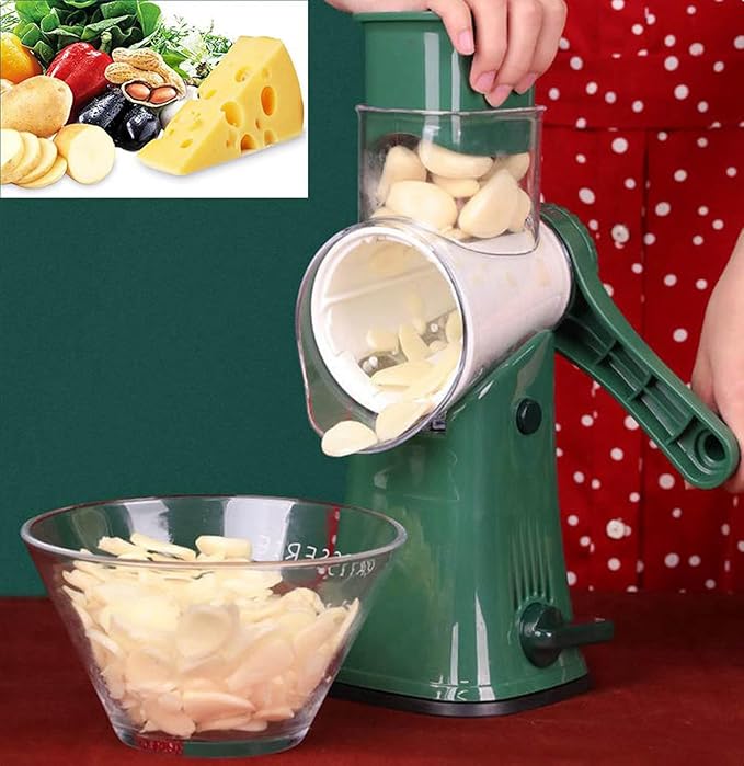 Rotary Cheese Grater Chopper Vegetable Cutter Slicer with Stainless Steel Drum Blades for kitchen, 5 in 1 Manual Round Mandoline Julienne Shredder Potato Grinder for Fruit, Nuts,Onion Green