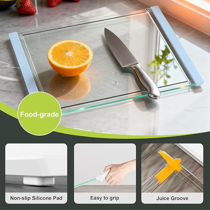 Tempered Glass Cutting Board Set for Kitchen Counter - Dishwasher Safe with Juice Grooves, Non-Slip Silicone Edges & Beveled Grip - 16"x12" & 12"x8" Serving Tray (Blue)