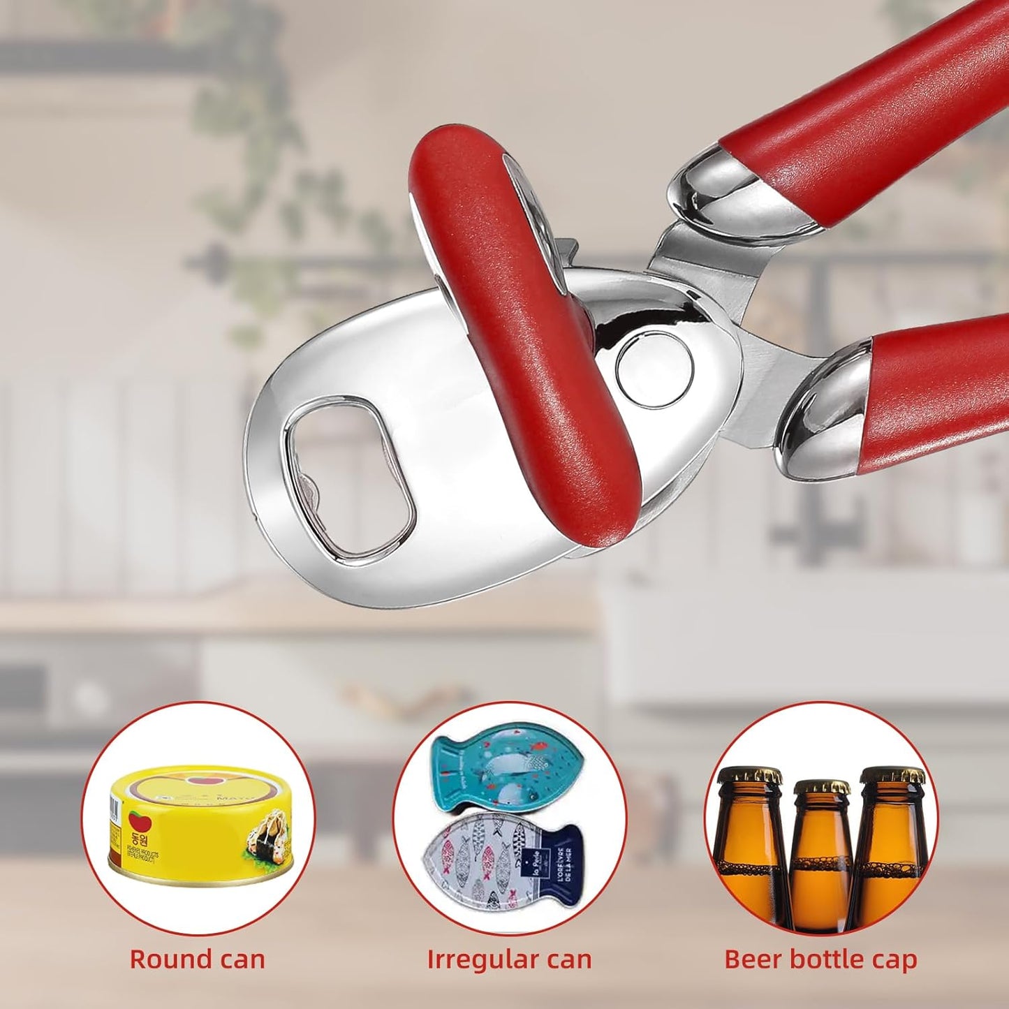 Multi-function Manual Can Opener Bottle Opener, Oversized Hand-held Easy Rotary Knob, Safe Cut Can Opener with Non-Slip Handle, Smoother Cut Sharp Blade for Seniors Kitchen Tool, Red