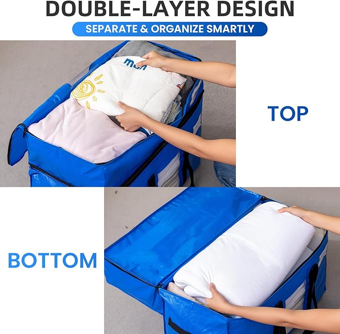 TAILI 2 Tier Extra Large Moving Bags, 2 Pack Blue Heavy Duty Totes for Storage with Visible Window, Wrap Around Handles, Storage Bags for Space Saving, Alternative to Moving Boxes