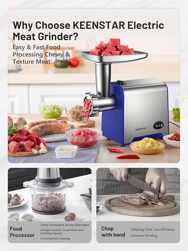 Electric Meat Grinder, Sausage Stuffer Maker 450W Food Grinder with Blade & 3 Plates, Sausage Stuffer Tubes & Kubbe Kit, Stainless Steel Meat Mincer Machine for Home Kitchen Use (Blue)