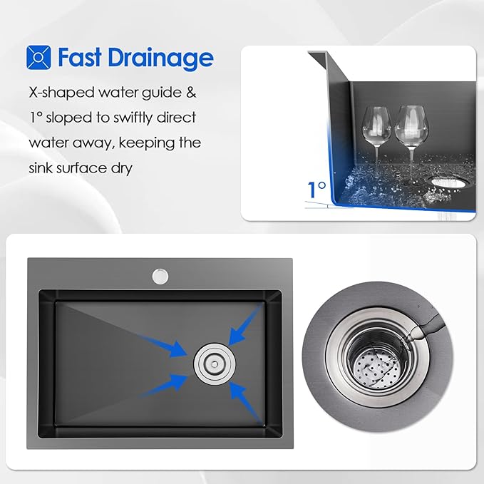 22x18x9 Inch Drop in Kitchen Sink, Handmade 304 Black Stainless Steel Sink, Centre-Offset Drain, R10 Tight Corner, Topmount Kitchen Sink with Strainer & Bottom Grid