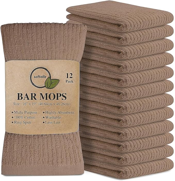 Softolle Bar Mop Towels, Pack of 12-16x19 Inches - 100% Cotton Super Absorbent Towels, Multi-Purpose for Home and Bar Cleaning (Taupe)