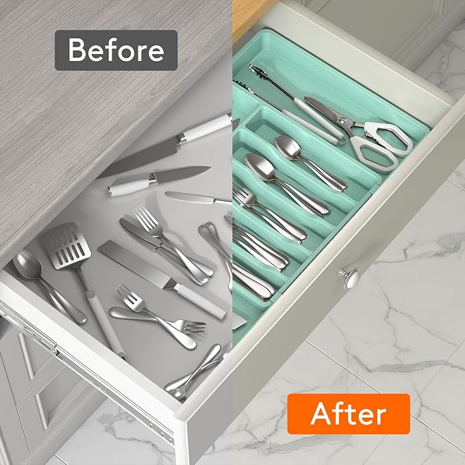 Lifewit Silverware Drawer Organizer, Expandable Utensil Tray for Kitchen, BPA Free Flatware and Cutlery Holder, Adjustable Plastic Storage for Spoons Forks Knives, Large, Turquoise
