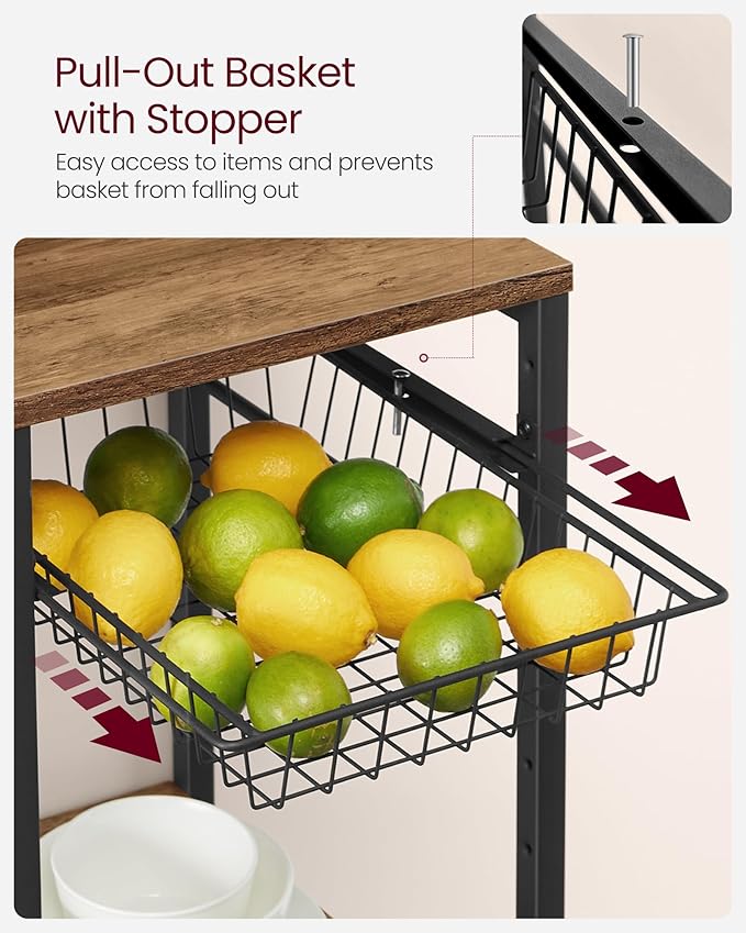 VASAGLE Baker's Rack, Coffee Bar Stand with Charging Station, Storage Shelves, Pull-Out Wire Basket, Table for Microwave, Kitchen, Rustic Walnut UKKS036K41, 15.7 x 35.4 x 35.6 Inches