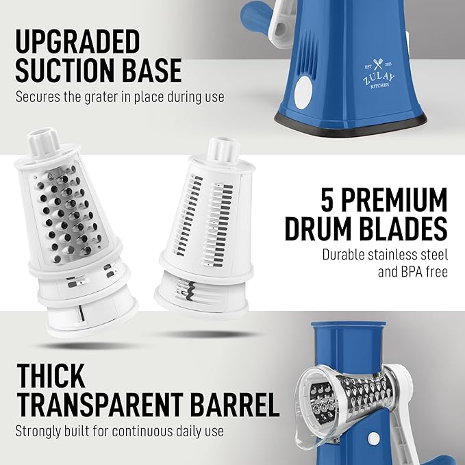 Zulay Kitchen Rotary Cheese Grater 5 Blade Cheese Shredder - Manual Hand Crank Cheese Grater With Reinforced Suction & 5 Interchangeable Drums - Easy to Use, Vegetable Chopper Round Mandoline Slicer