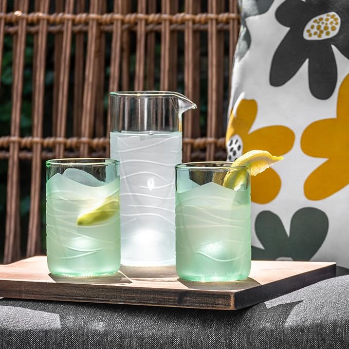Rolf Glass Glacier Glass Tumbler + Pitcher Set - 12oz Tumbler, 16oz Pitcher | Recycled Glassware | Made in the USA | Antique Green Glass | Eco-Friendly Repurposed Wine Bottles | Set of 3
