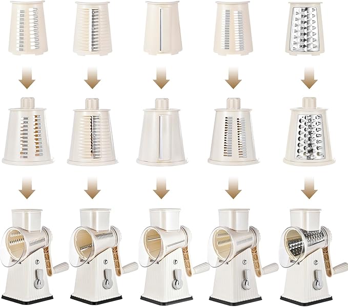 Xilrvna RotaryCheese Grater,VegetableShredder 5 in 1 Cheese Grater with HandleedderReinforcedSuction,EasytoClean,KitchenChopperforCrushedIce,Fruits and Nuts with Blade Storage Case（White