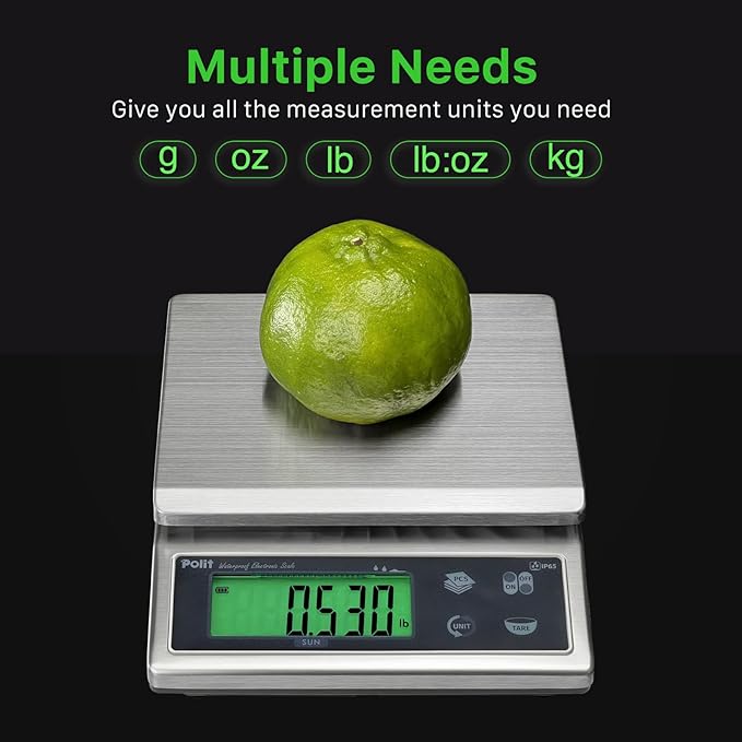 Polit Sun Rechargeable Food Scale for Kitchen13lb/6kg, 0.02oz/0.5g Precision IP65 Waterproof Kitchen Scale with LCD Display Stainless Steel Top, Grams & Ounces for Seafood, Baking & Restaurants