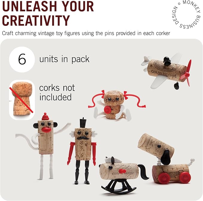 Corkers Classic Wine Accessories by Monkey Business, Collectible Novelty Gift, Pack of 6 Different Figurine Crafting Parts for Corks