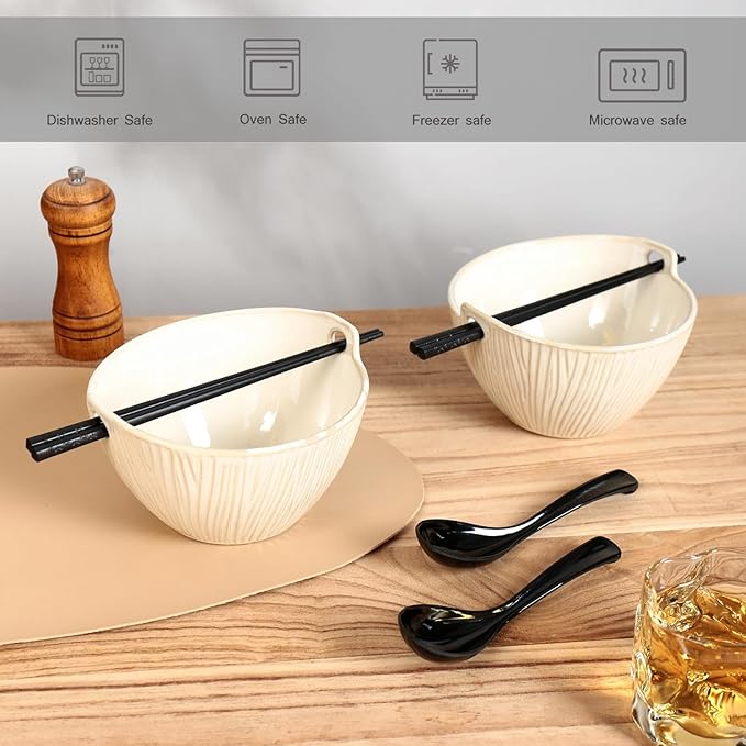 Ceramic Ramen Bowl with Chopsticks,6.7 Inch Noodle Bowls,Pho Bowls and Spoons Set,Japanese Bowl for Pho,Udon,Soba,Noodle,Microwave Safe,Set of 2 (Retro White)