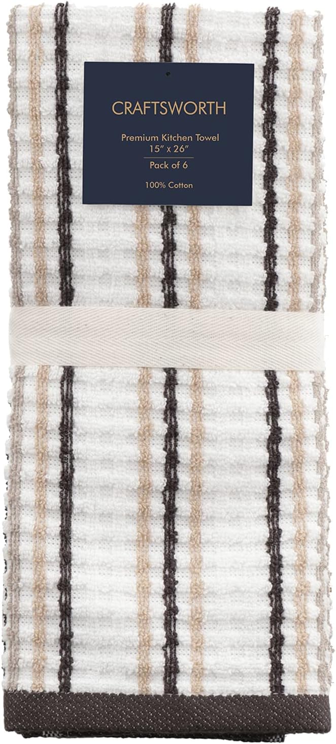 CRAFTSWORTH Kitchen Towels, 15 x 26 Inches, Pack of 6, 400 GSM, 100% Ring Spun Cotton, Solid & Stripe Beige Dish Towels Super Soft and Absorbent, Tea Towels and Bar Towels