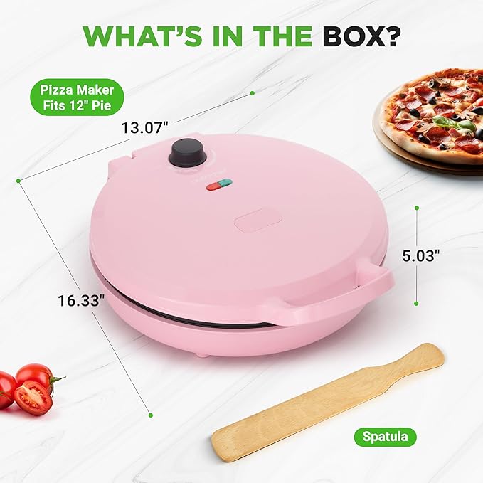 NutriChef Countertop Pizza Maker | 1500W Non-Stick Electric Pizza Cooker | Make 12" Personal Pizzas, Eggs, Toast, Quesadillas & More | Cool-Touch Handles & Space Saving | Temp Range 175-400°F | Pink