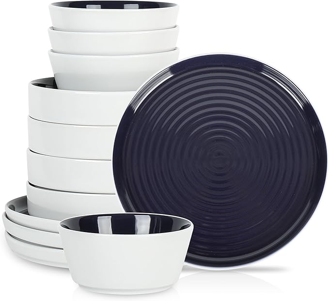 Stone Lain Elica 12-Piece Modern Dinnerware Set Stoneware, Plates and Bowl Sets for 4, Navy and White