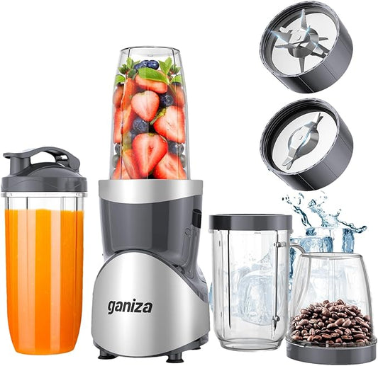 Ganiza Smoothie Blenders, Blenders for Shakes and Smoothie, 15-Piece Personal Blender and Grinder Combo for Kitchen, Smoothies Maker with 4 BPA-Free Portable Blender Cup, Nutritious Recipe, Grey