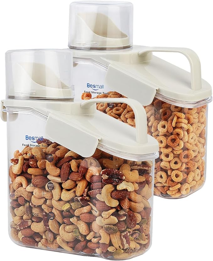 Cereal Containers Storage Airtight Small Dry Food Storage Containers with Pour Spout Cereal Dispenser Plastic Food Container kitchen Pantry Storage for Dry Food Flour Grain Snack, 2 Pack 1.6L