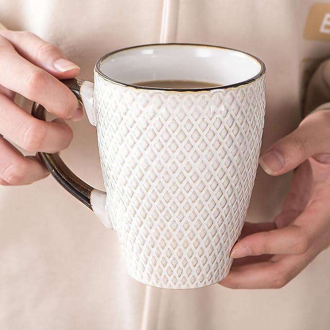Ceramic Coffee Mug Set - 16 Oz Large Coffee Mugs - Embossed Stoneware Cups with Handle for Latte Tea Cappuccino Cocoa - Microwave Dishwasher Safe - Set of 4 - White