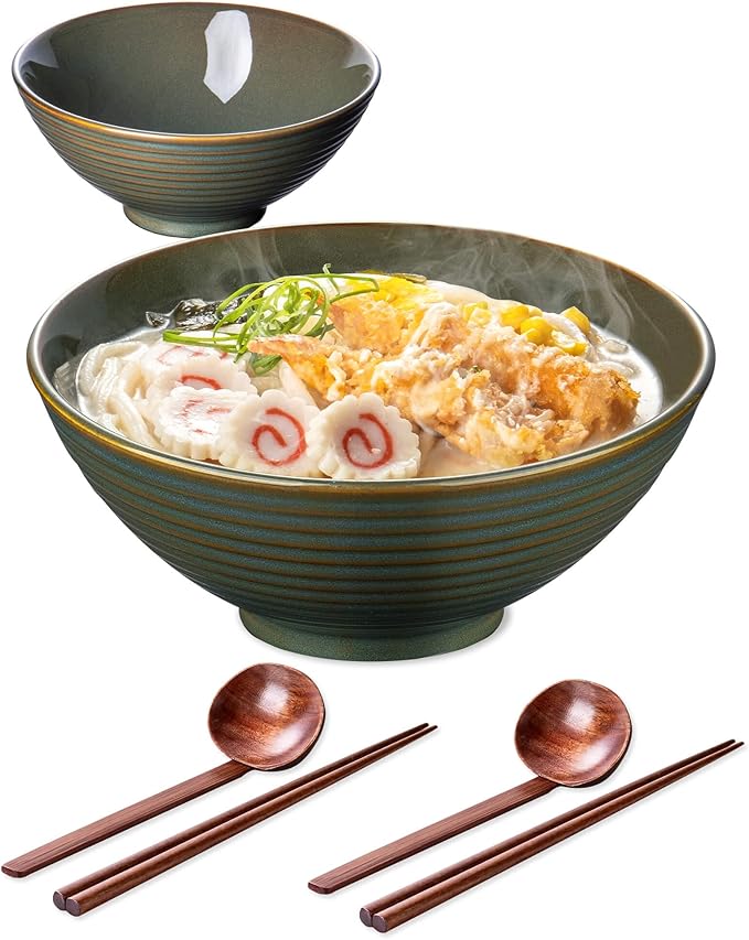 Large Japanese Ramen Bowl Set of 4, Material Safety Ceramic Ramen Bowls with Matching Chopsticks and Spoons, 8 Inch 40oz Pho Bowls Ramen Noodle Bowl for Asian Udon Soup Salad Cereal(Retro Cyan)