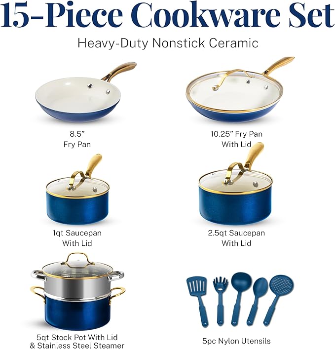 Gotham Steel 15 Pc Ceramic Cookware Set Nonstick, Ceramic Pots and Pans Set Non Stick with Steamer & Cooking Utensils, Non Toxic PFOA PFOS Free, Premium Stay Cool Handles, Oven & Dishwasher Safe