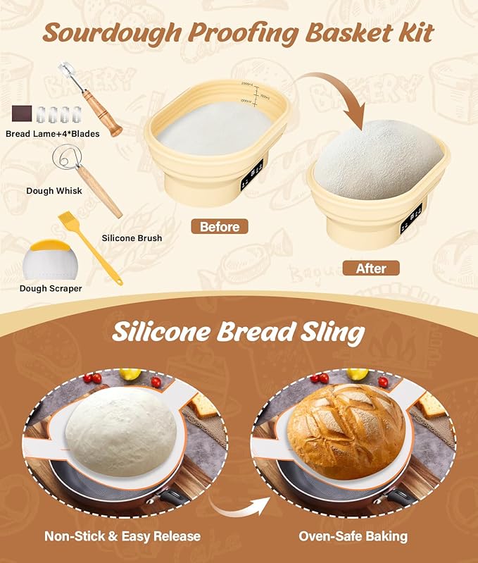 HK Heating Sourdough Banneton Bread Proofing Basket Kit with Timer & 6 Temp Settings, 2L Foldable Silicone Dough Proofing Box Electric Sourdough Starter Warmer Set for Dough Rising, Starter Baking Kit