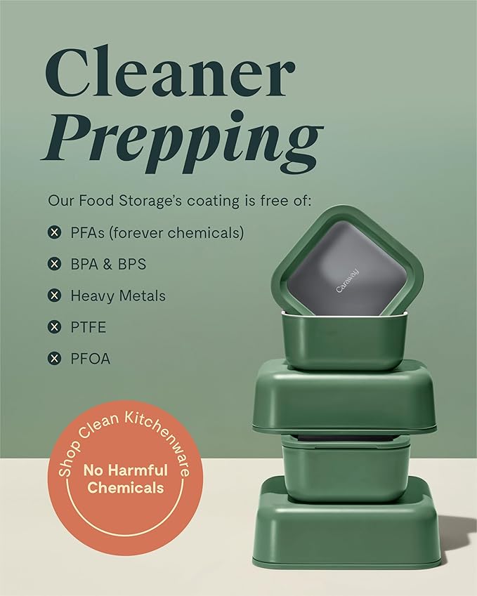 Caraway 3pc Glass Food Storage Set – 10 Cup, 6.6 Cup, & 4.4 Cup Food Containers - Ceramic Coated - Non Toxic Non Stick Lunch Box with Glass Lids - Dishwasher, Oven, & Microwave Safe - Sage