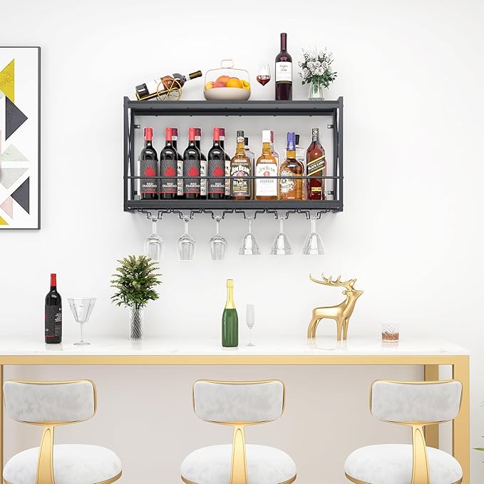 Dokser Wine Rack Wall Mounted Shelf - 2 Tier, Rustic Wood & Industrial Iron Frame Wine Bottle Holder for Kitchen, Dining Room, Home Bar Decor (Black)