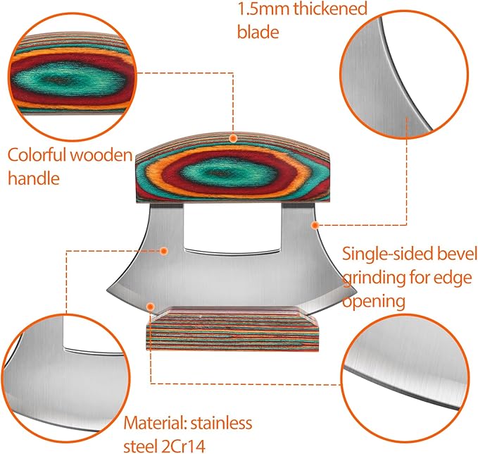 Pizza Cutter Rocker Knife, Sharp Ulu Knife with Wooden handle, Stainless Steel Blade Mincing Knives with Colored Wood Stand