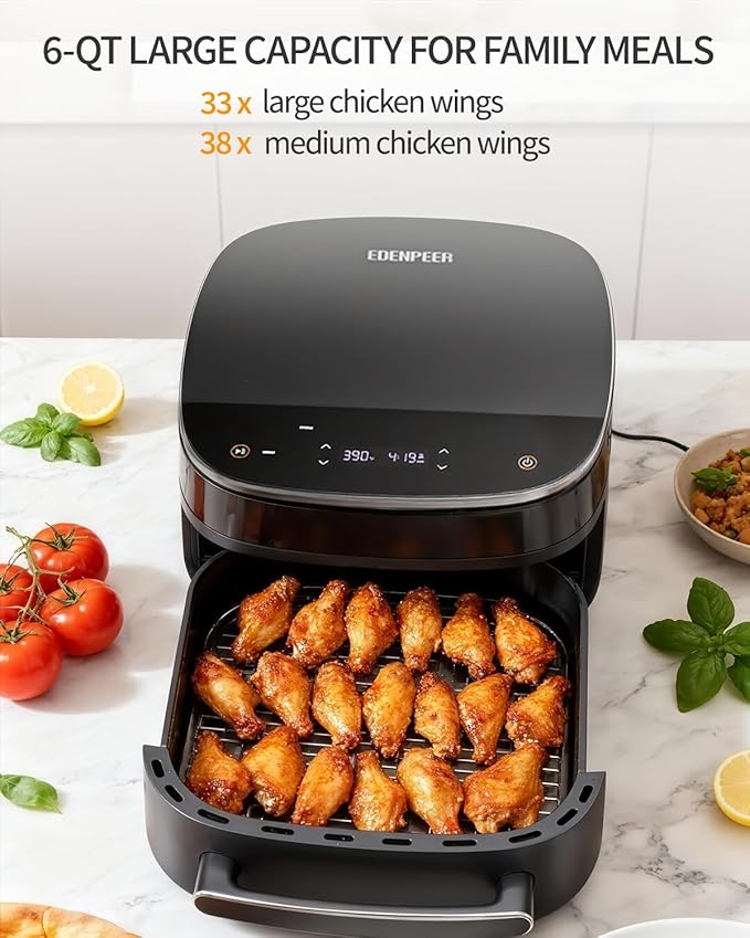 Extra Large Air Fryer,11-IN-1 6 QT 450F Air Fryer with Superior Airflow, Dual Heat Source Technology, Smart Digital Wide Fryer with Basket, Fits a 12" Pizza or 33 Chicken Wings